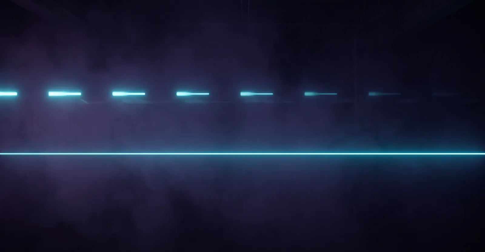 A row of short flashes of light fades out one after another in the dark, while below them a single line runs unbroken from edge to edge.