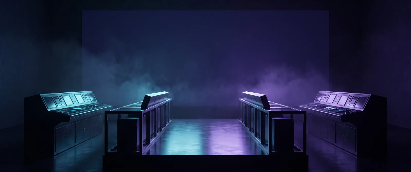 Two consoles stand side by side facing the same wall, one lit cool, the other violet. Both illuminate the same shared surface between them.