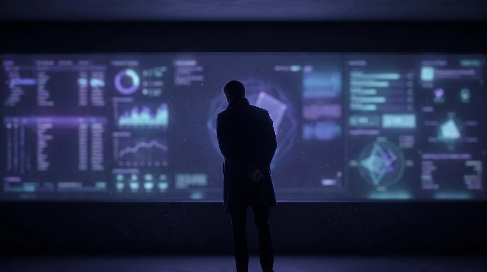 A single figure stands as a dark silhouette with their back to the viewer in front of a large, faintly glowing wall of analyses — the position from which the decisions are made.