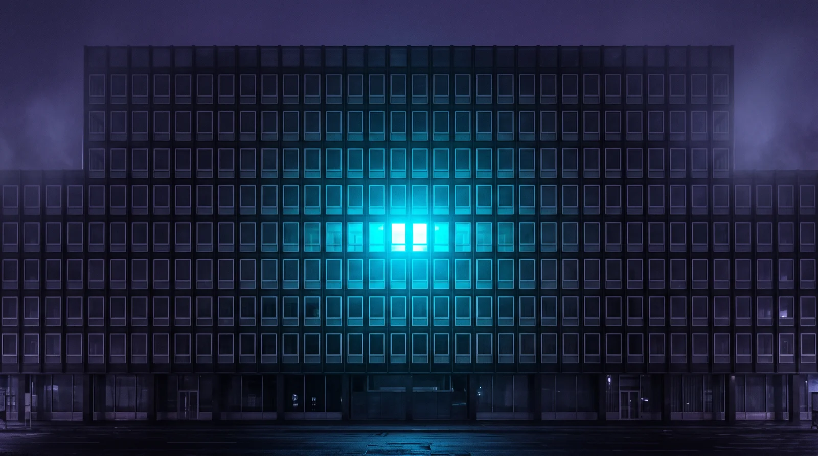 The dark facade of a large office building at night, hundreds of unlit windows in a strict grid. Exactly one window in the middle is brightly lit and casts its light onto the panes around it.