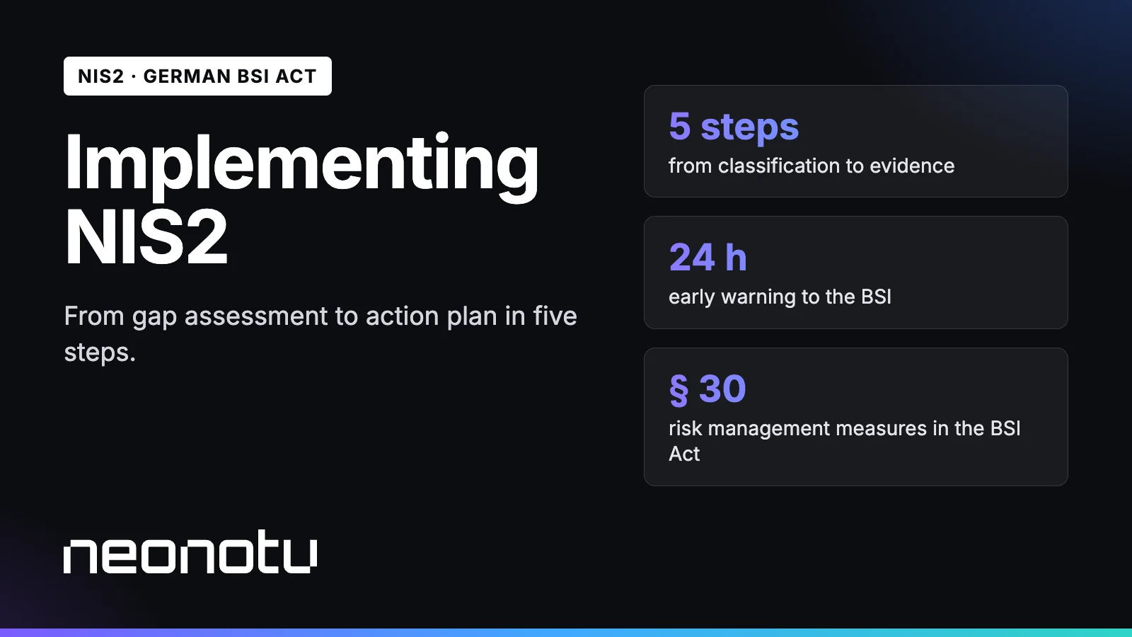 Implementing NIS2 in five steps: scope, gap assessment, responsibility, action plan, evidence