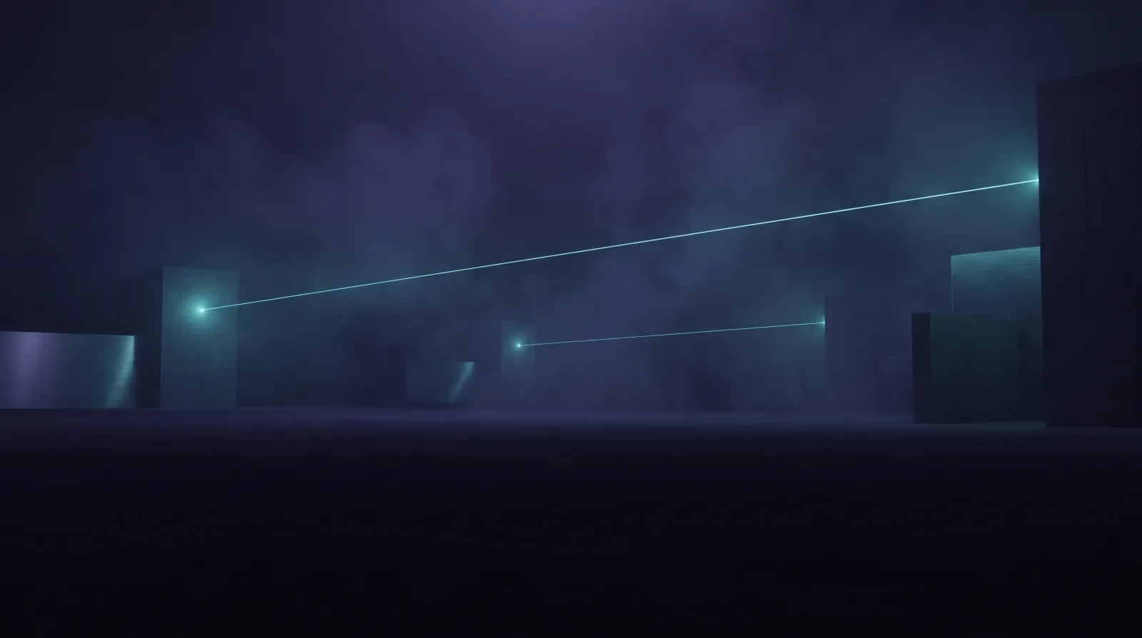 Three separate points of light on a vast dark plane, far apart, connected by two taut thin lines.