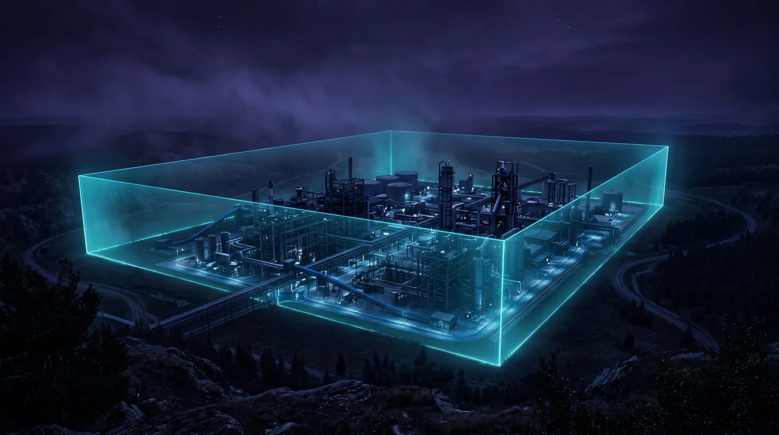Night view of an industrial plant enclosed by a luminous box marking the permitted airspace. Inside the boundary the air is faintly lit; outside it stays dark.