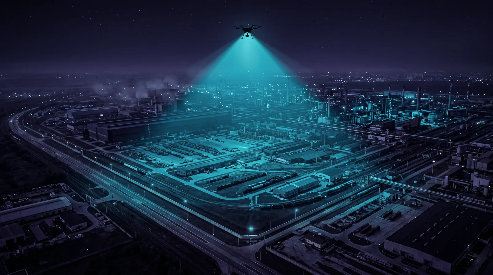 Aerial night view of a sprawling industrial site. A single drone hovers high above it, its sensor cone reaching far beyond the fence and covering the entire area.