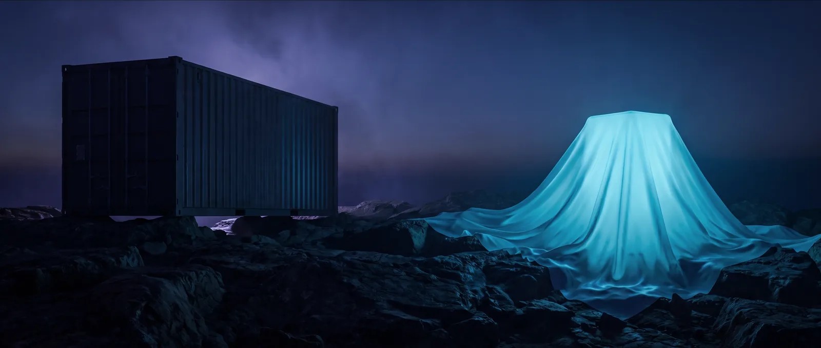 Two forms stand side by side on the same rocky ground: on the left a rigid box touching the ground only in places, on the right a glowing surface following every contour.