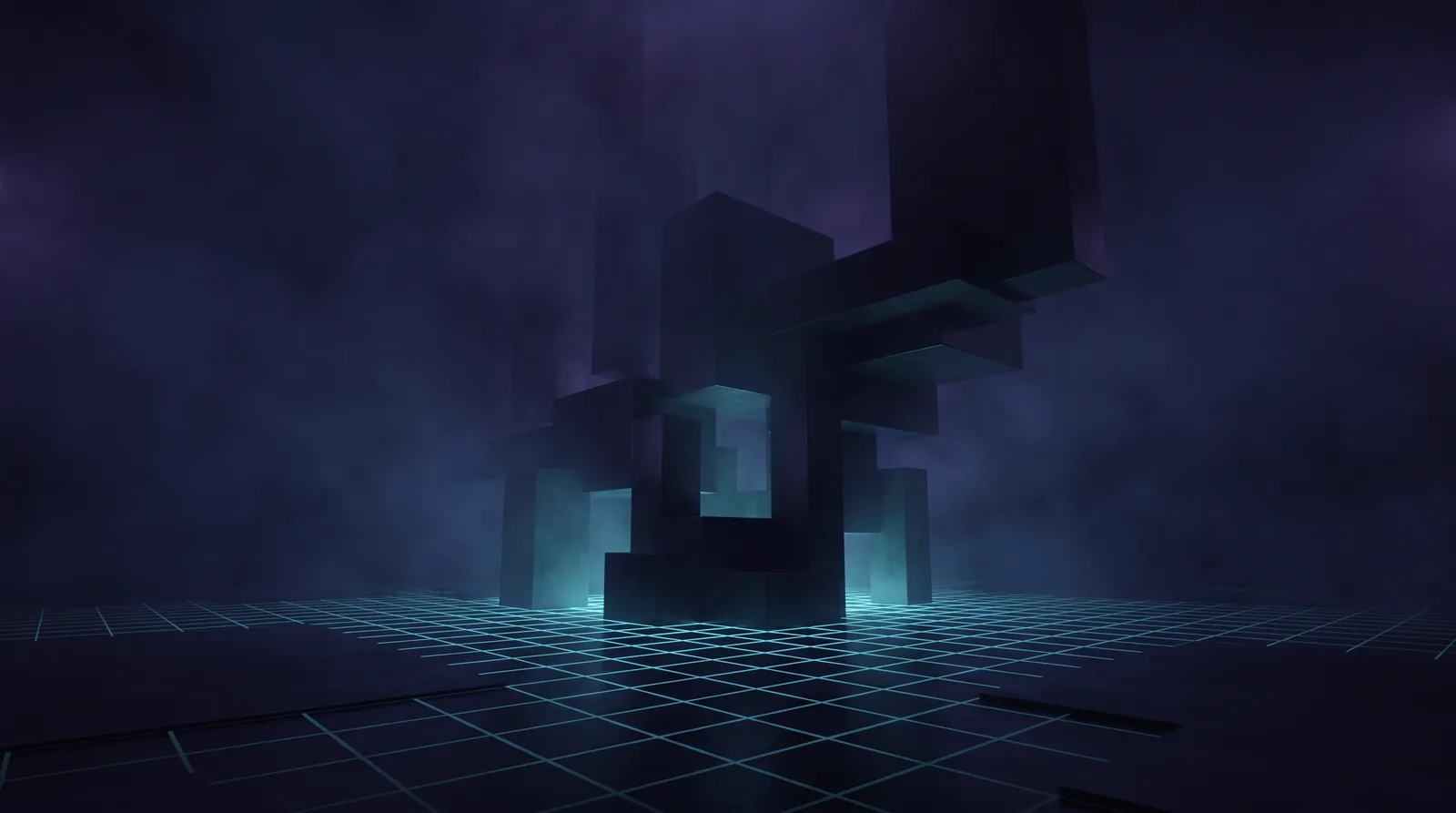 A glowing grid lies flat like a foundation. From it a solid dark structure rises, visibly carried by that grid.