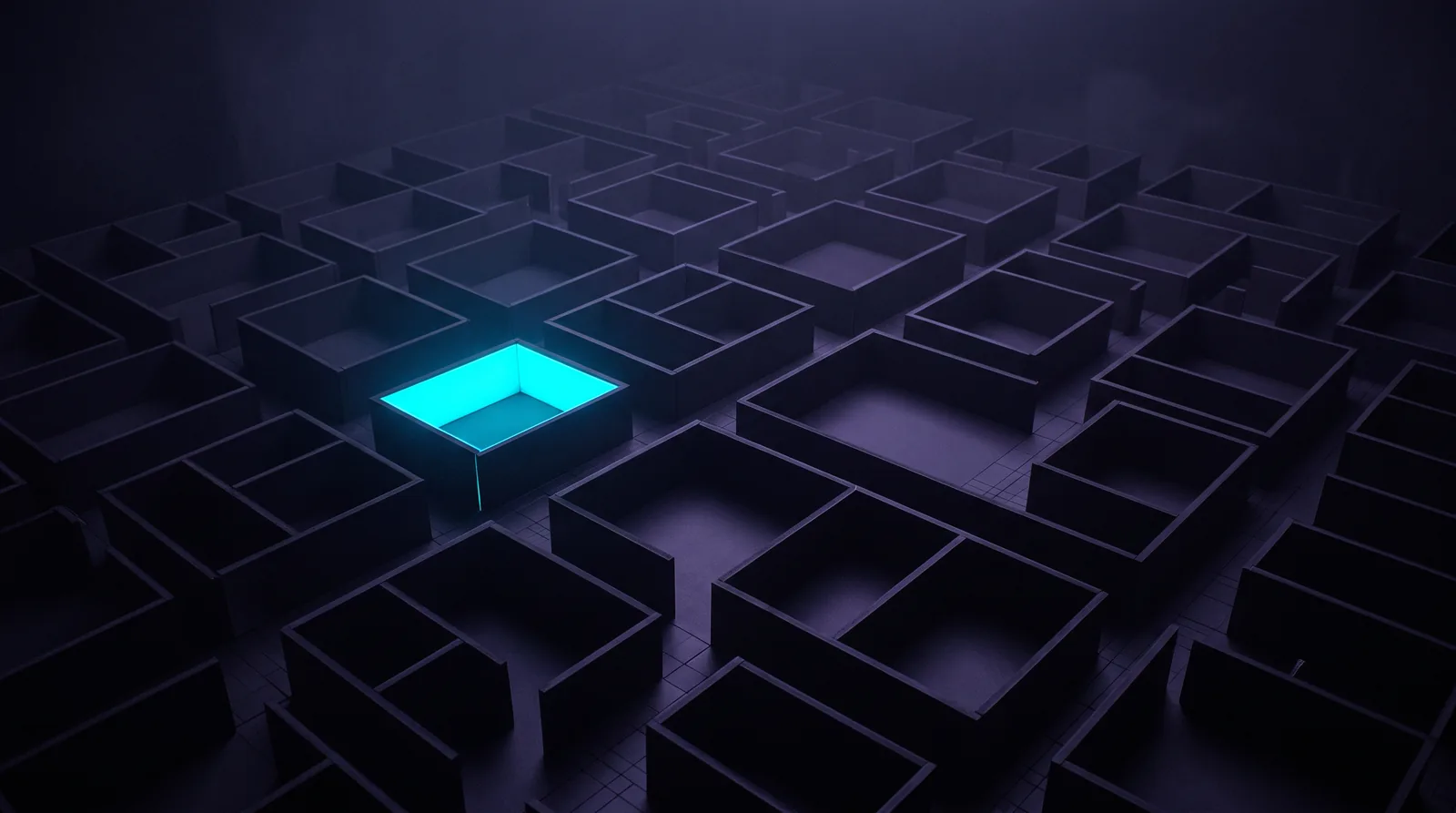 A wide dark field divided by walls into separate closed compartments. A single compartment is brightly lit; the light stops at its walls and reaches none of its neighbours.