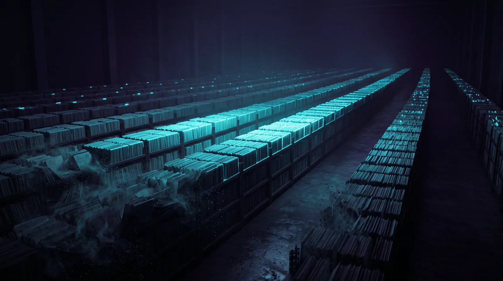 Long rows of glowing records recede into darkness. The nearest ones are dissolving; a few in the middle still glow at full strength.