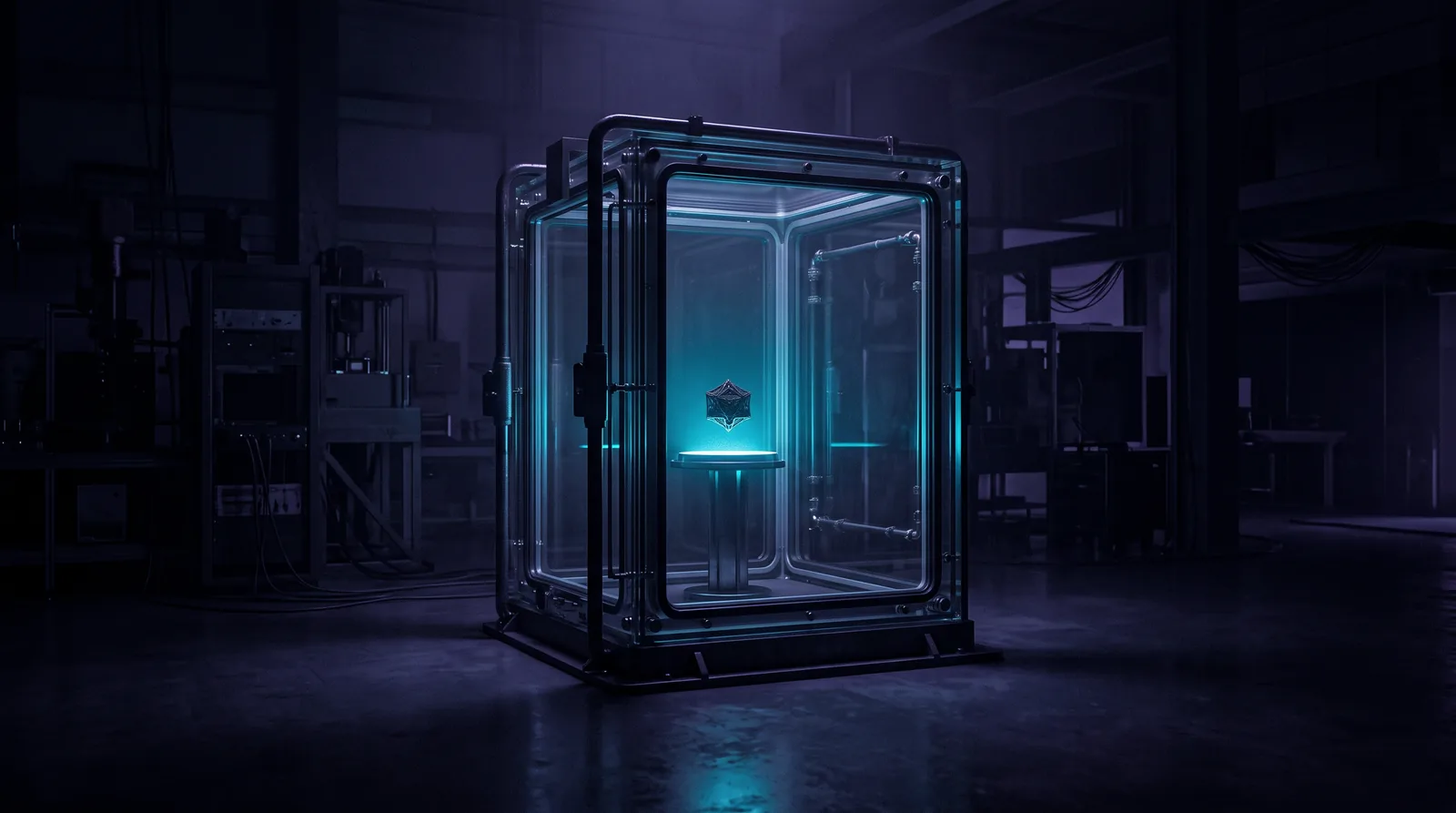 A sealed glass chamber in a dark laboratory. Inside, a single object rests on a pedestal, lit from below; the room around it stays dark.