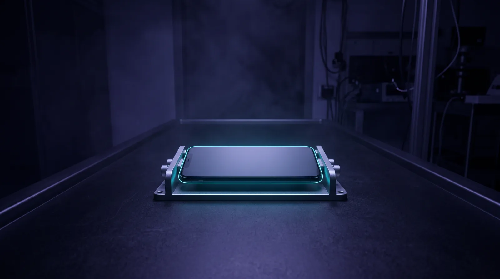 A single mobile phone rests in a precise cradle on a dark examination surface, narrowly lit from below. The room around it stays dark.