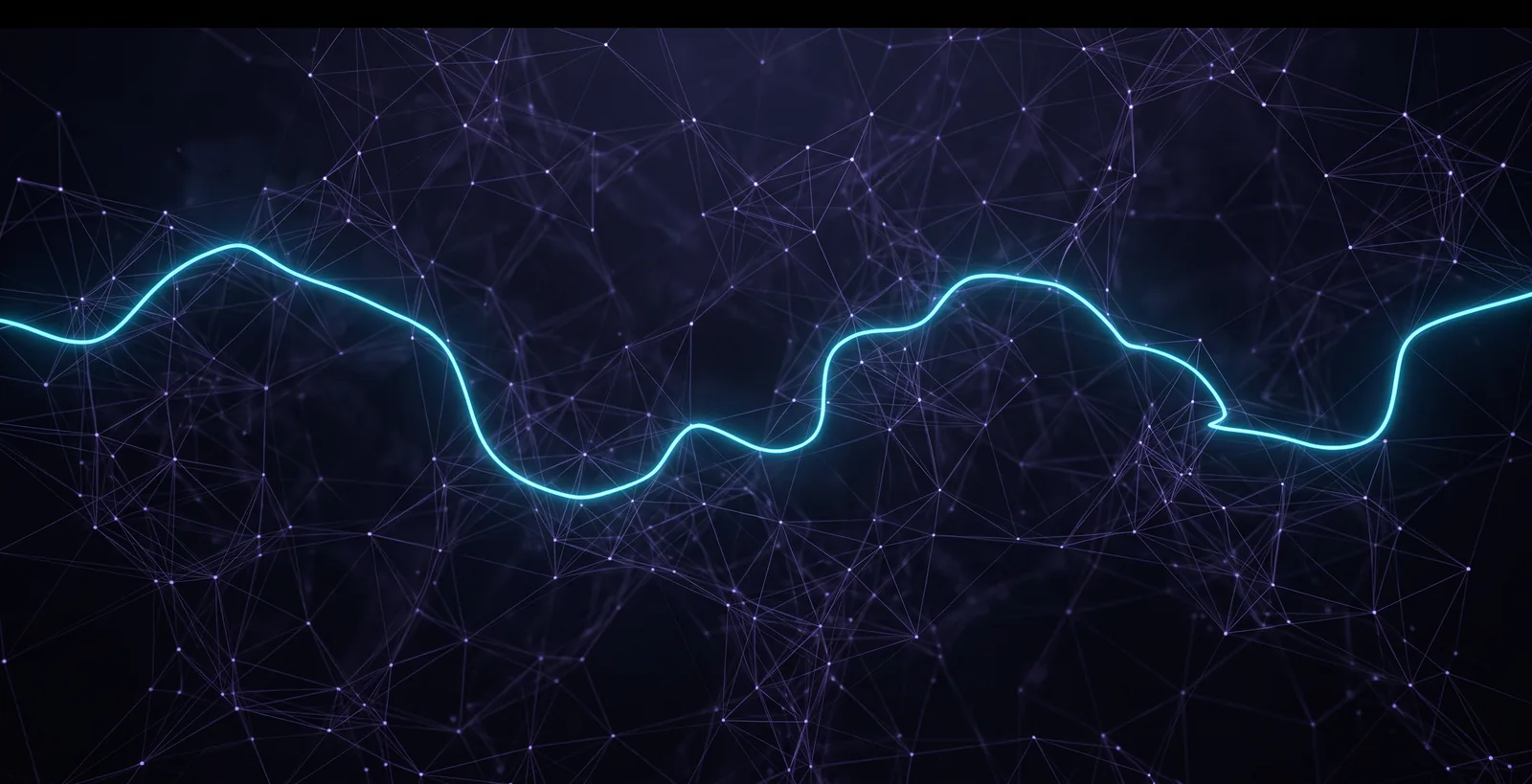 A dense mesh of faint connection lines in the dark. One single path is brightly highlighted throughout and can be followed from one end to the other.