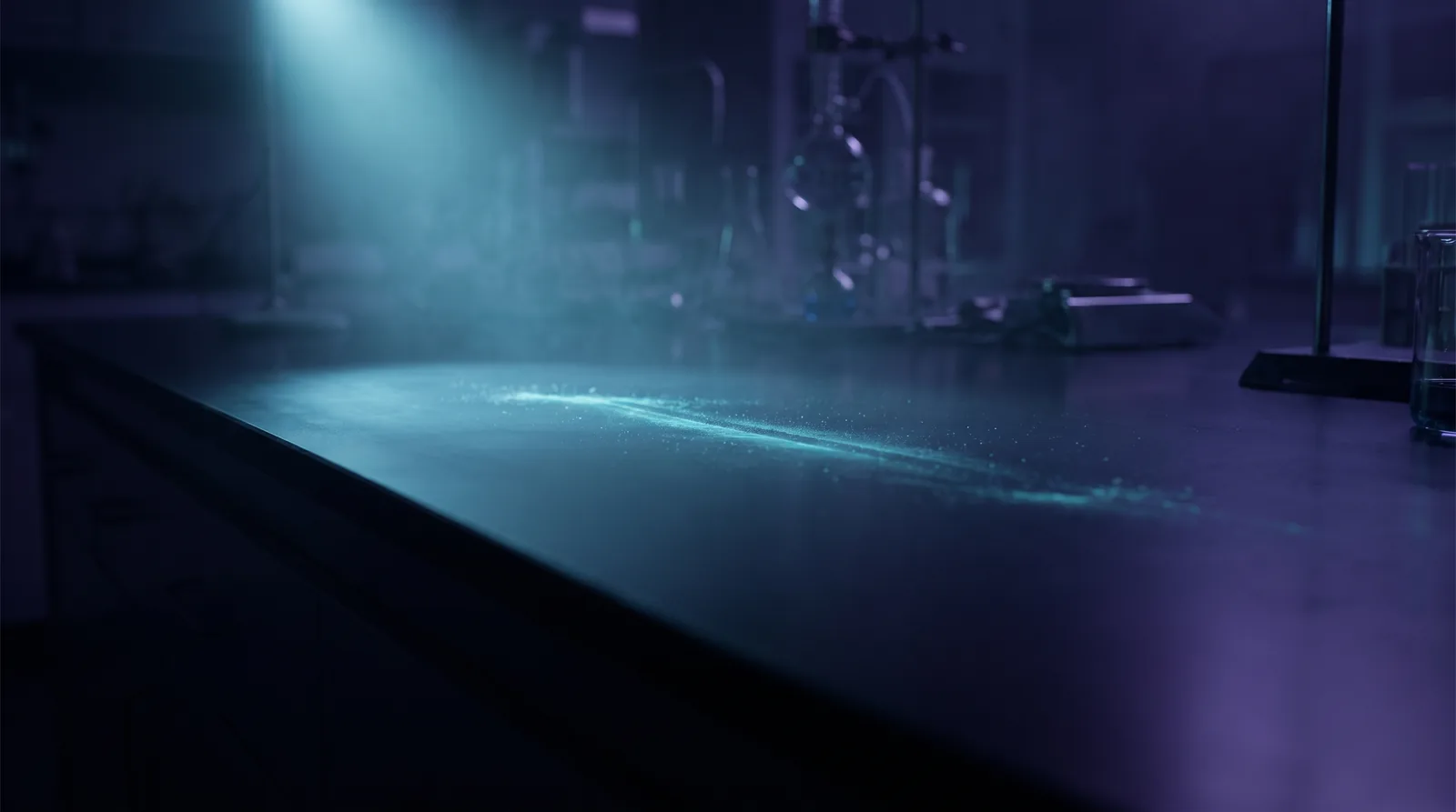 A dark laboratory surface under raking light. Only where the narrow beam passes do fine traces on the surface become visible.