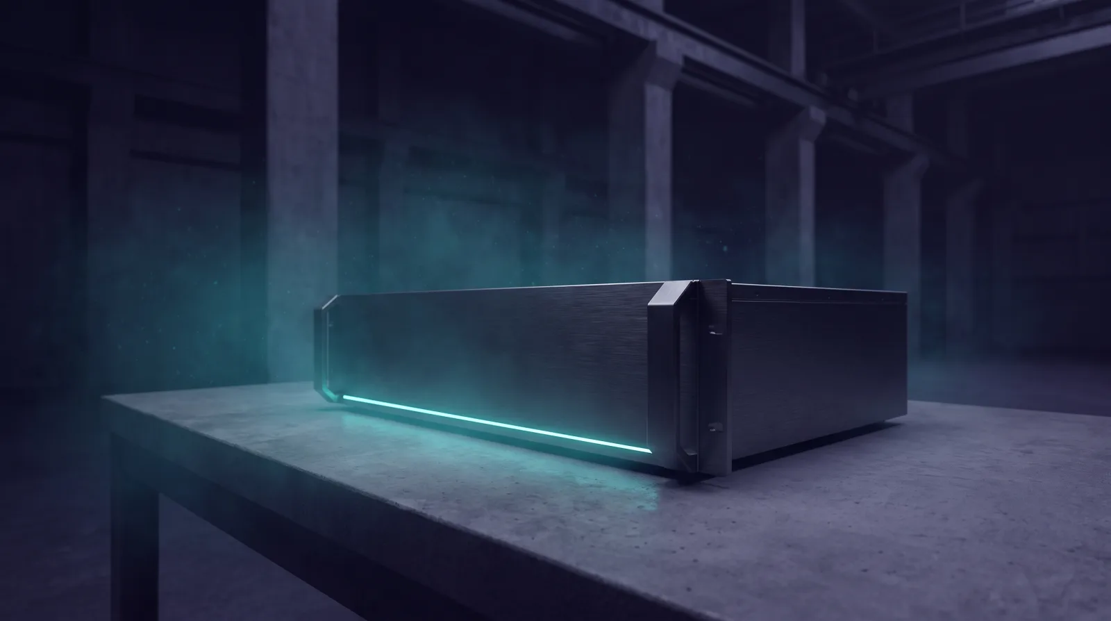 A single precisely machined metal device on a workbench in a dark room. Only its front edge is caught by a narrow line of light.