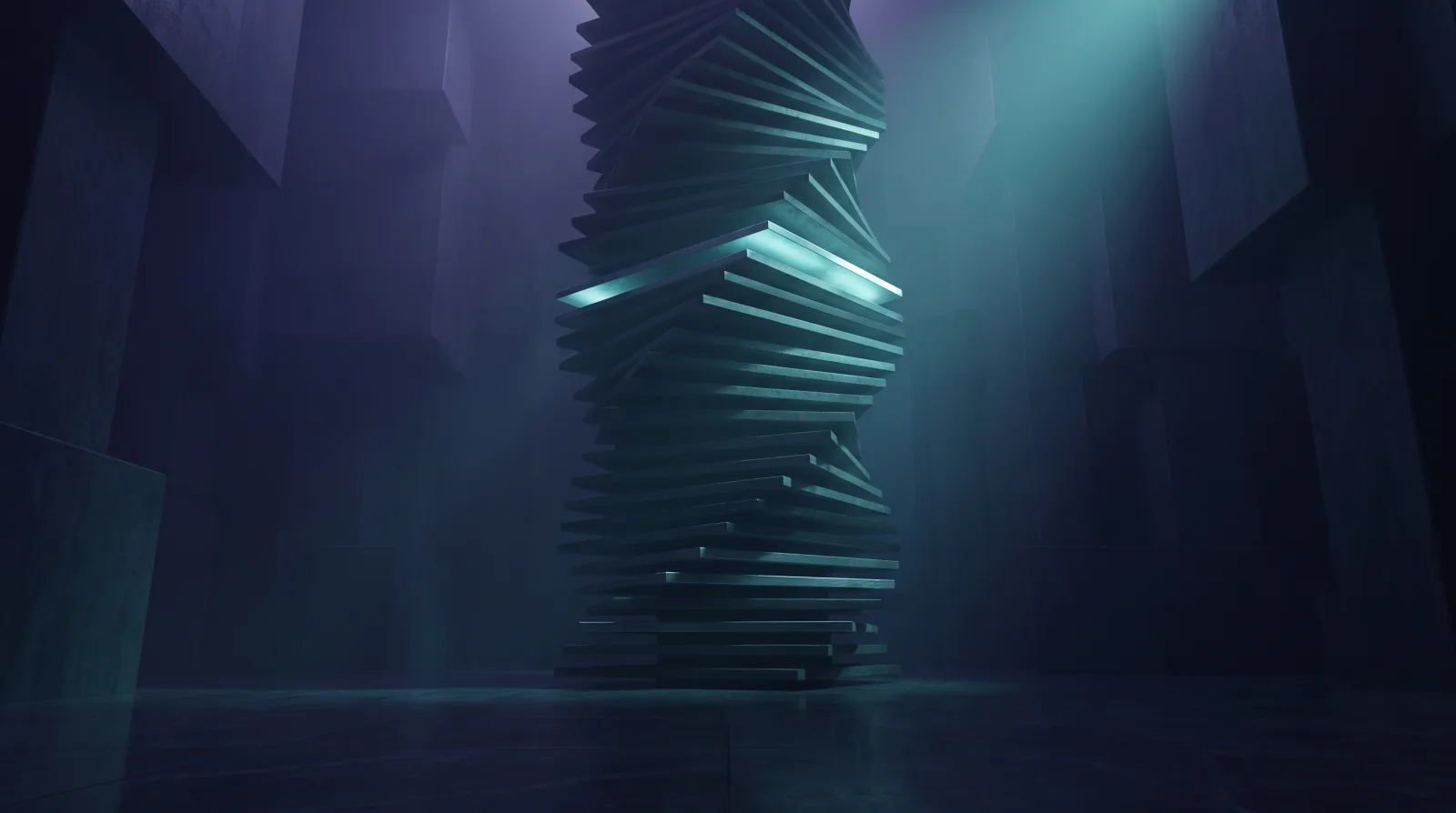 A tall stack of thin dark plates, each offset slightly against the one below. One plate near the top is lit brighter than the rest.