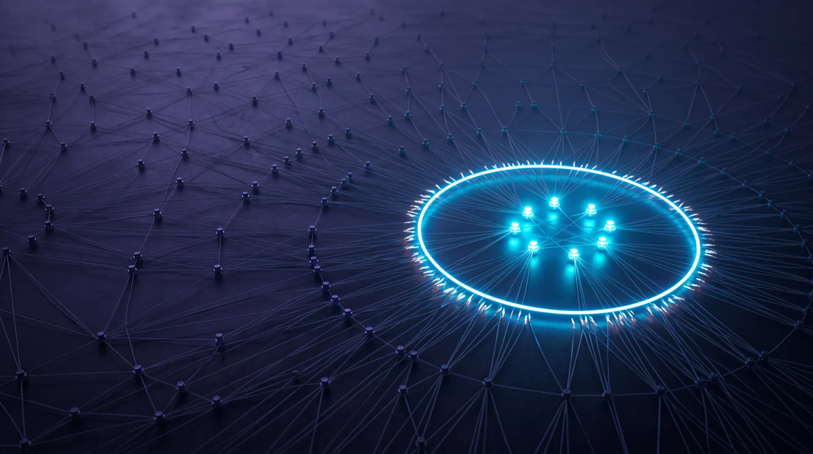 A wide dark network of many identical nodes and fine connections. A ring of light closes around a group of eight brightly lit nodes and cuts them off from the rest.