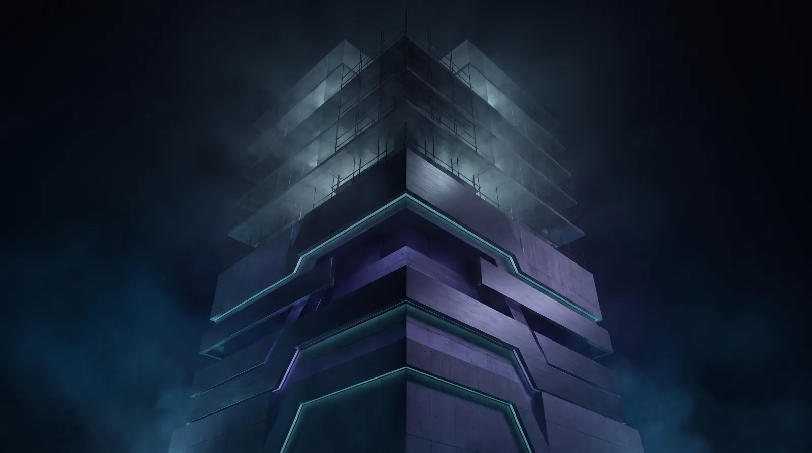 A tower of layered concrete slabs seen from below. The lower courses are finished and lit from within along their seams, the upper ones are still in scaffolding.