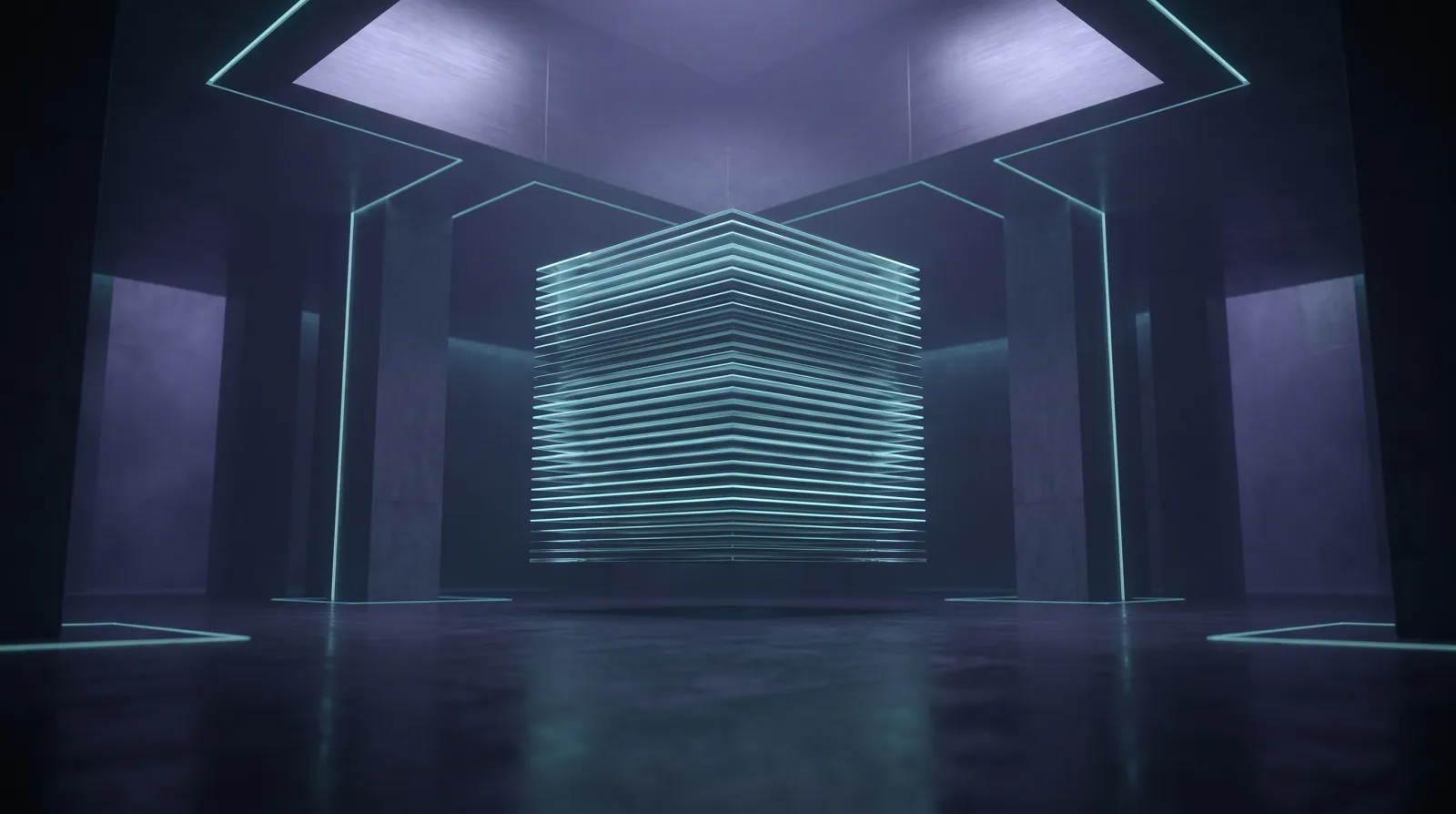 A dense core of hundreds of razor-thin horizontal layers glows along its edges. It hangs at the centre of a wide, dark hall.