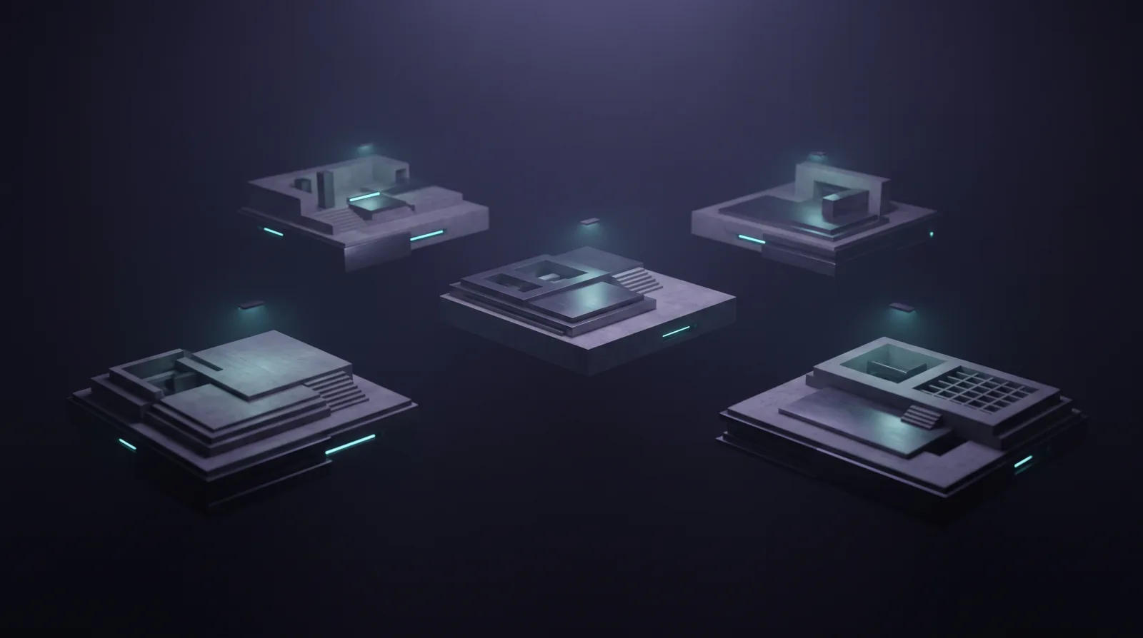 Five separate platforms float far apart in the dark, each lit only by its own small light. Empty space lies between them, without a single connection.