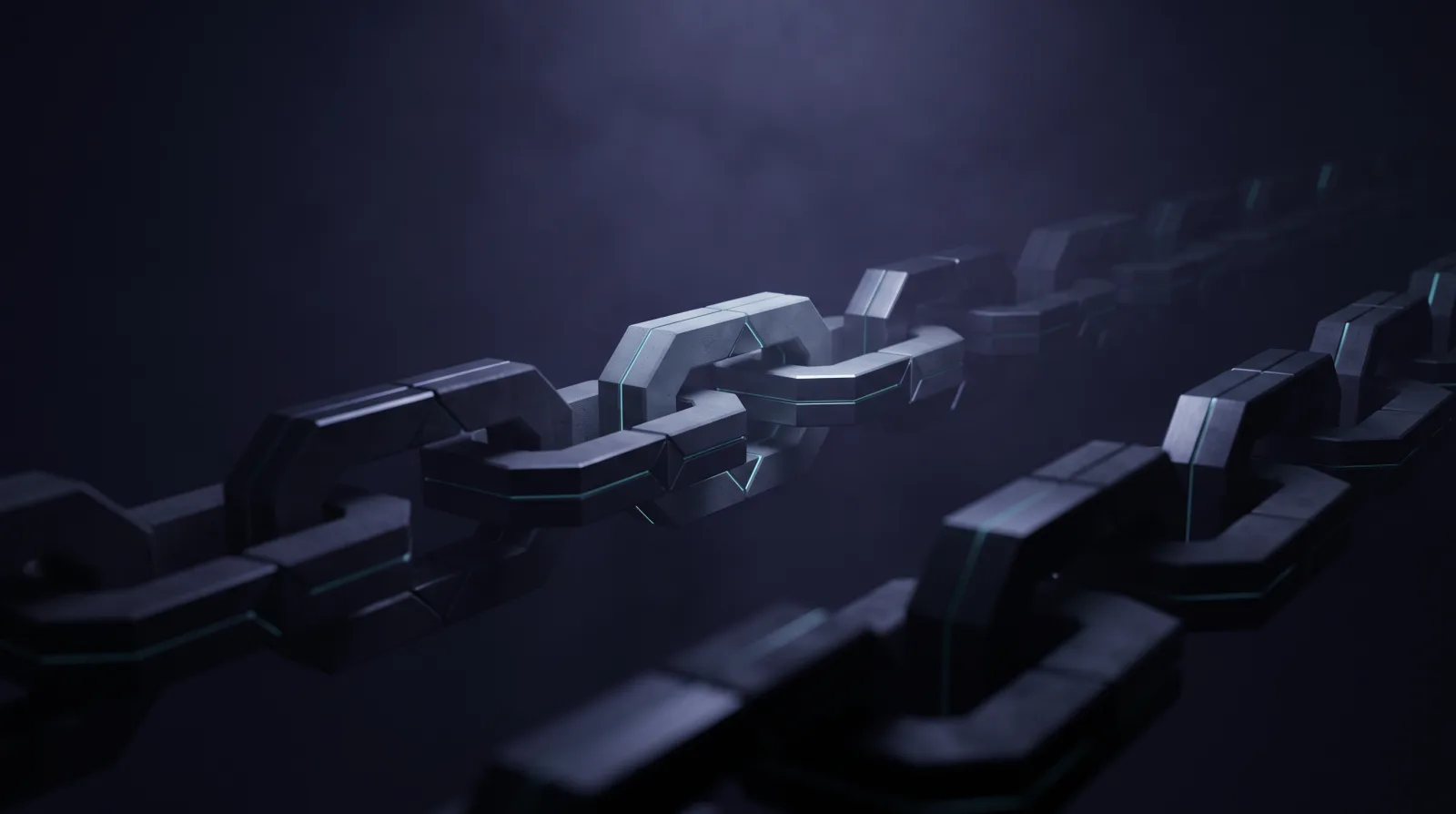 A chain of angular metal links runs into the depth of a dark space. Each link is lit a little less than the one before it; one in the middle stands out clearly brighter.