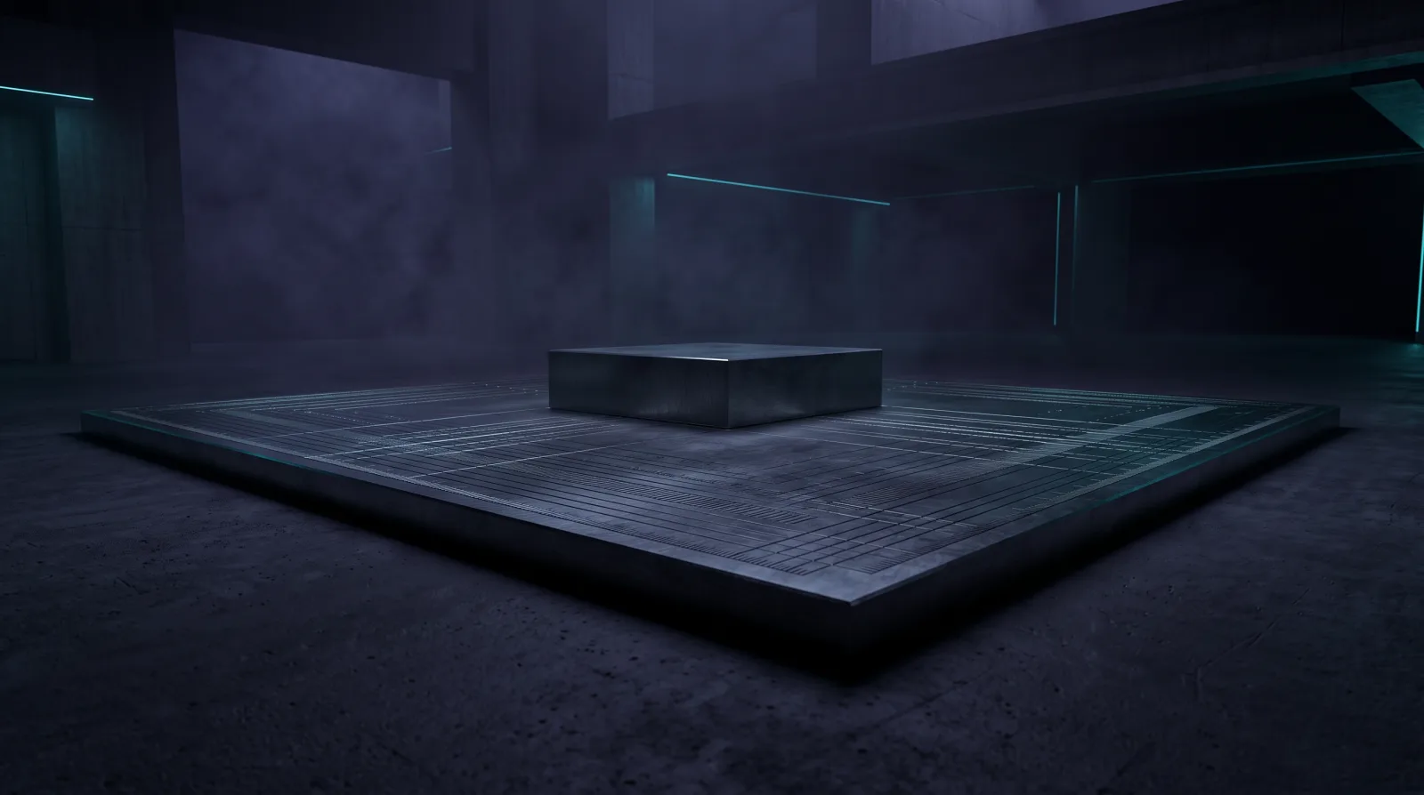 A large, precisely ground metal plate covered in the finest engraved graduations. A single block sits flush at its centre; everything around it stays in shadow.