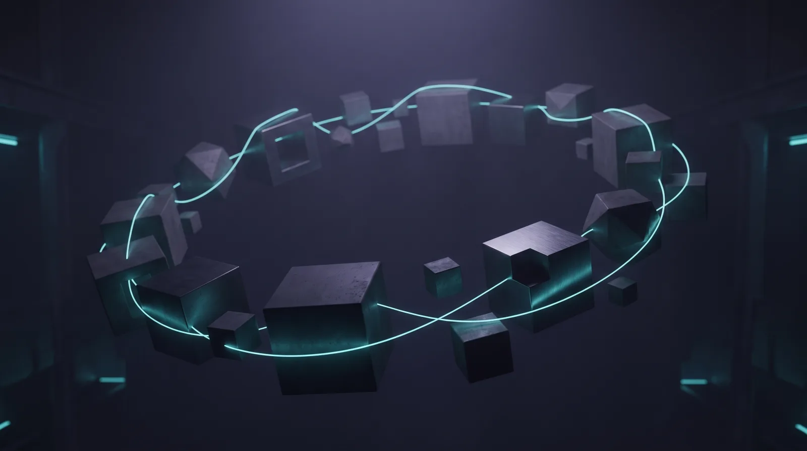 Many separate dark blocks of different sizes float scattered in space. One single continuous line of light threads through every one of them and closes into a ring.