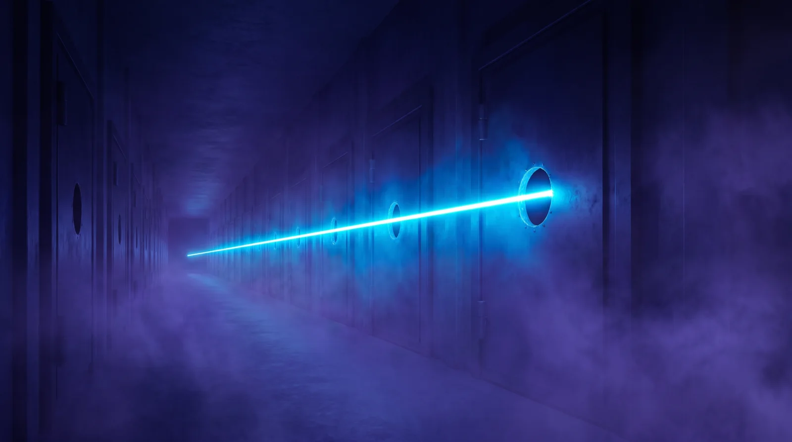 Un muro oscuro de puertas cerradas. Una línea de luz continua atraviesa varias de ellas hacia el fondo de la sala: el camino que recorre una cadena de ataque.