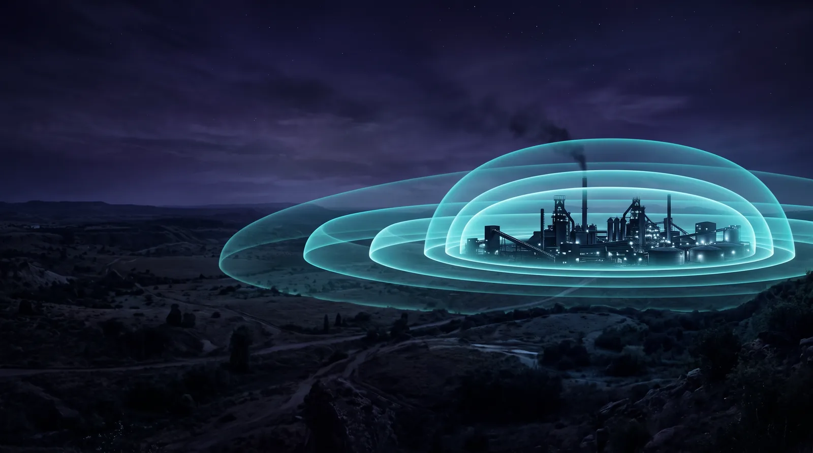 An industrial site at night seen from a distance, surrounded by several nested glowing shells — the outer ones faint, the inner ones tighter and brighter.