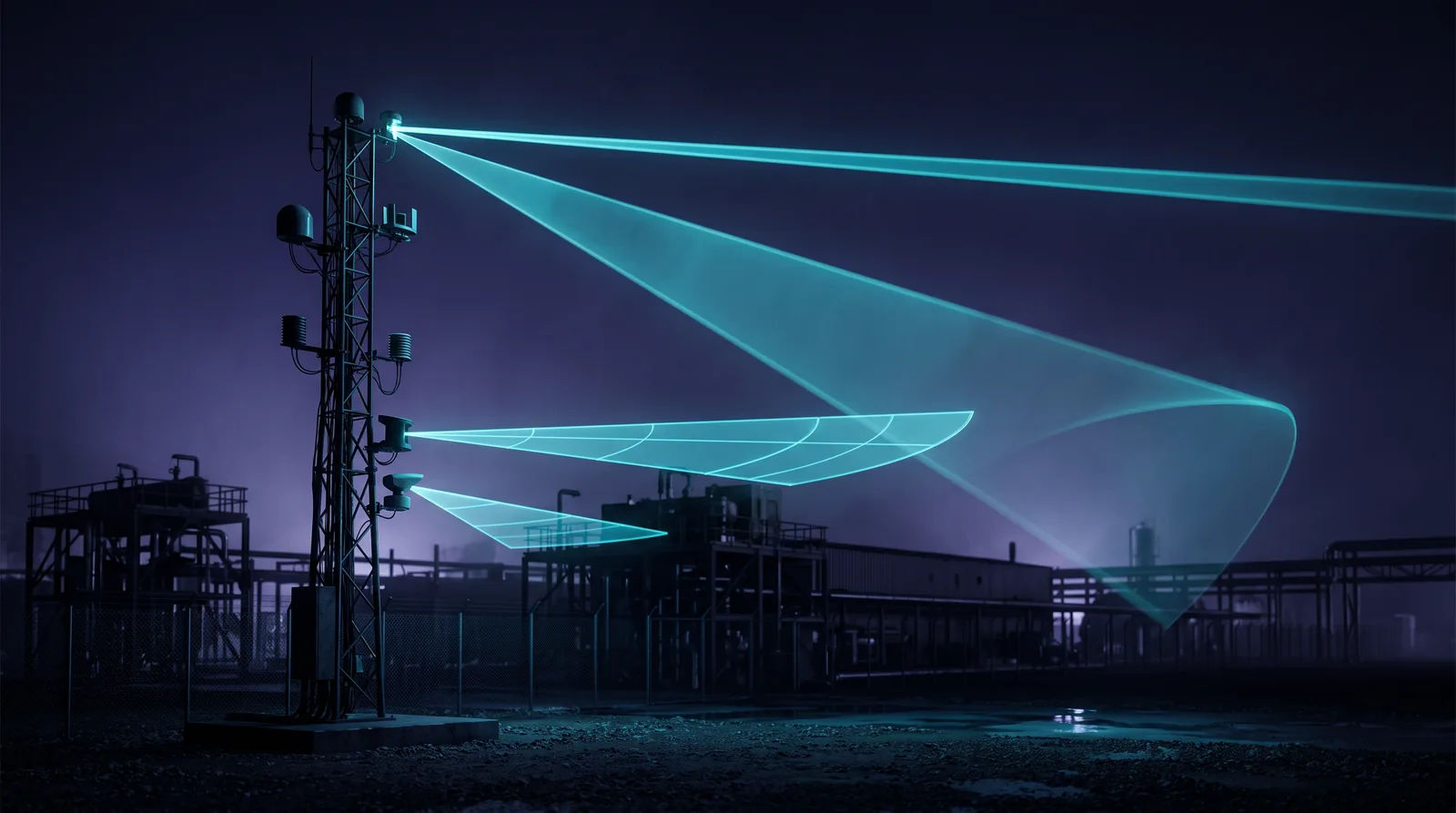 A sensor mast at the edge of a site at night. Several detection fields of different shapes fan out from it — a narrow beam, a wide cone, a flat sector.