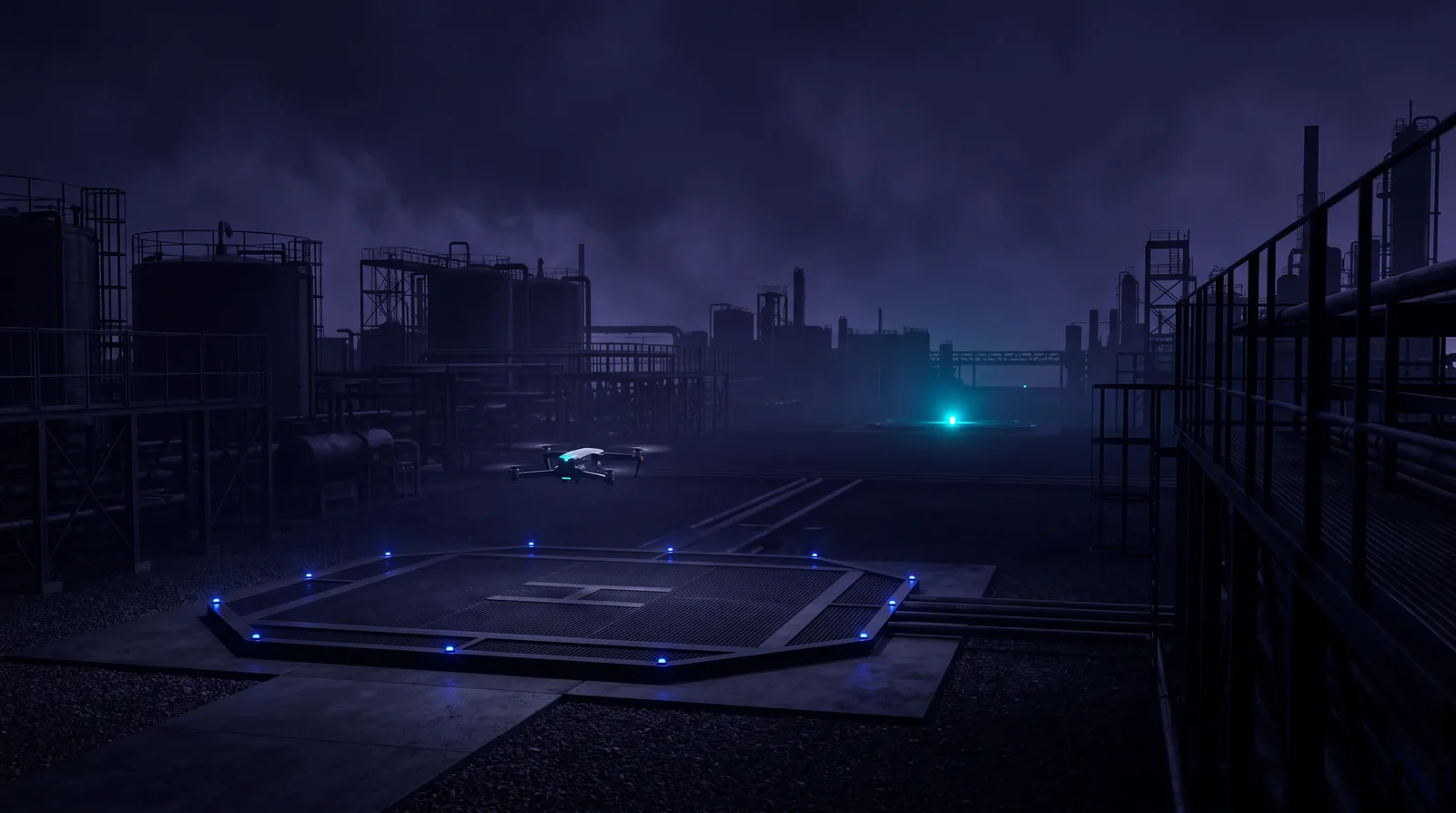 A drone lifts off at night from its pad on an industrial site and flies toward a single brightly marked point in the distance.