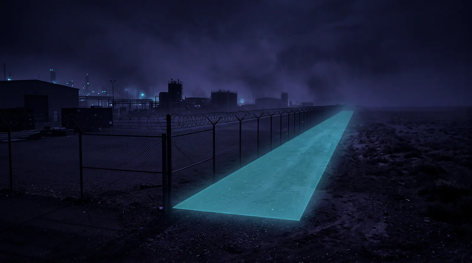 Night view along a factory fence. A broad glowing detection band lies beyond the fence on the open field — detection begins outside the property line.