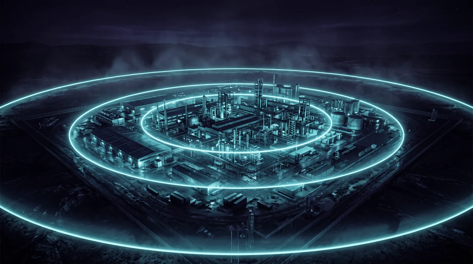 Aerial night view of an industrial site. Three glowing rings lie concentrically around the buildings, the outermost far beyond the fence.