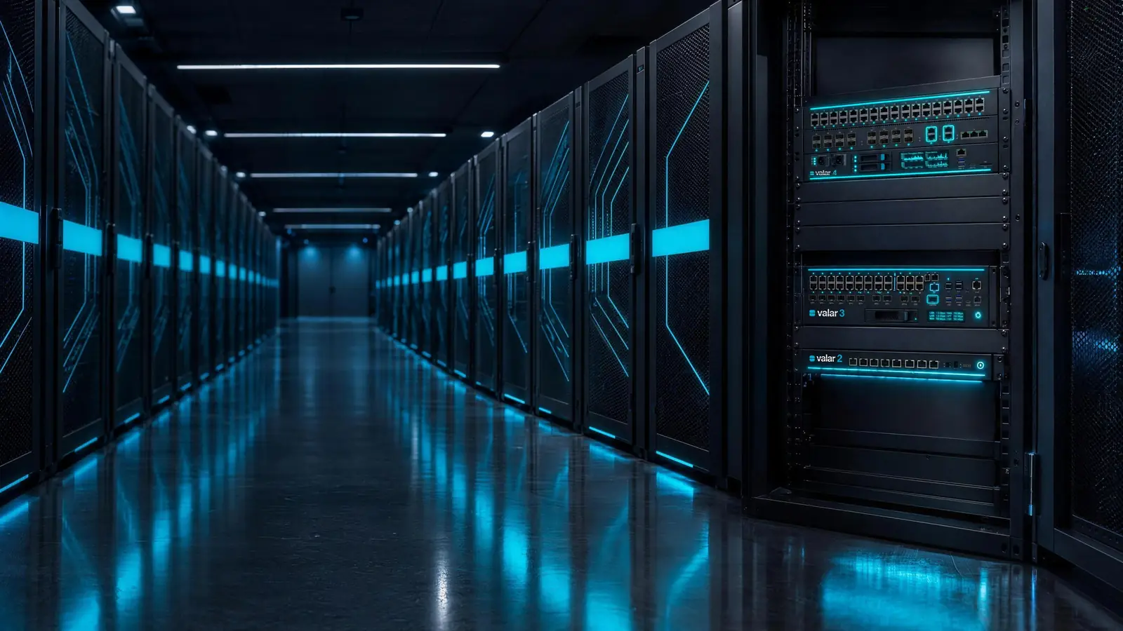 Centro de datos con filas de servidores; a la derecha, un appliance Valar en el rack.