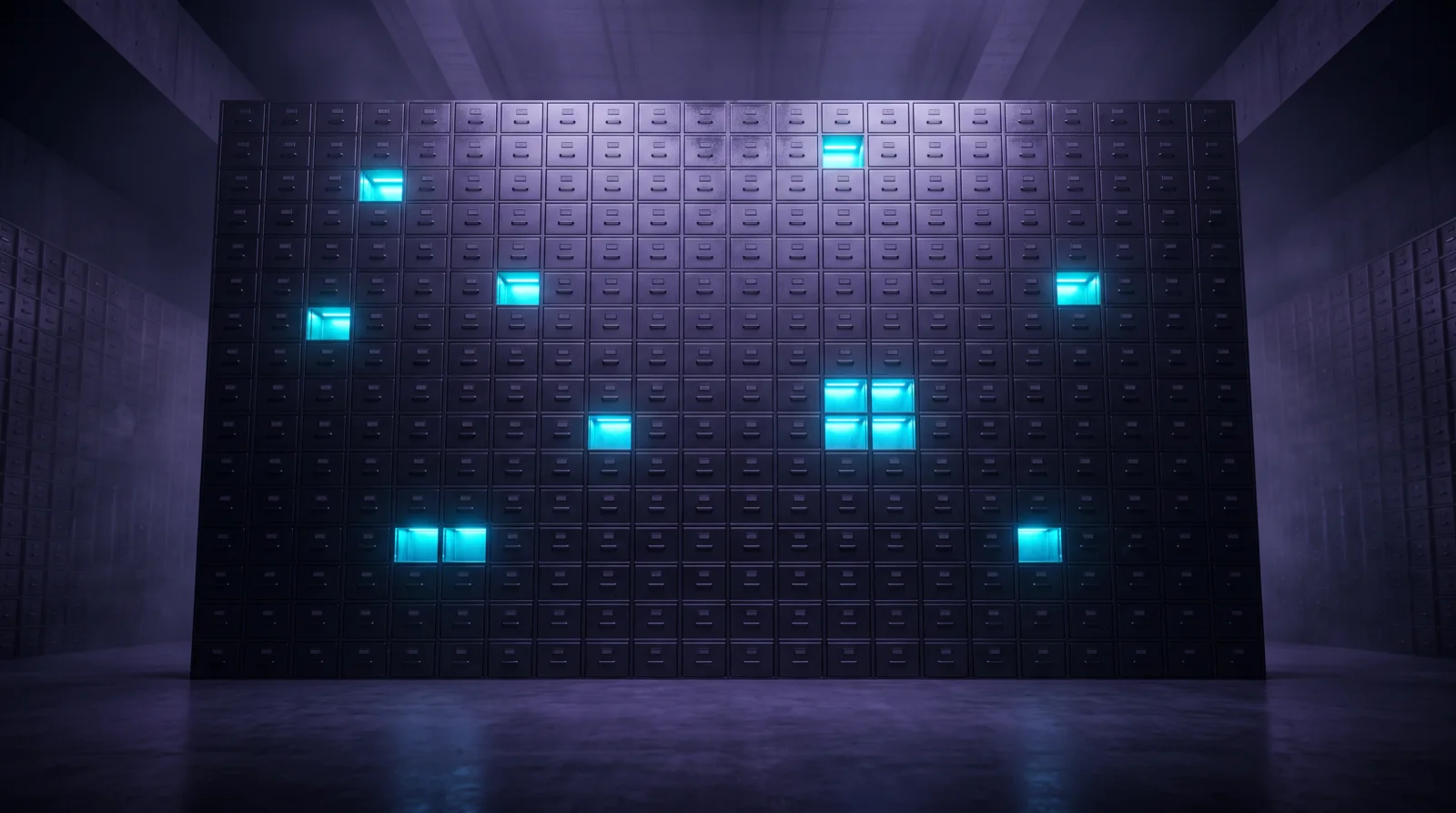 A vast dark archive of uniform, sealed compartments. A handful of them glow brightly — those whose contents must stay confidential for years to come.