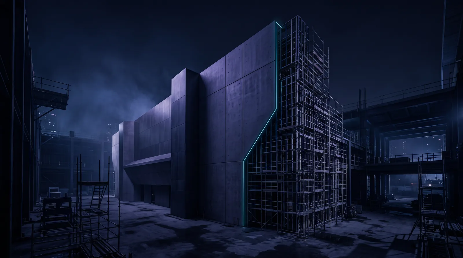 A concrete wall that looks finished and closed from the front. From this angle its back is revealed as open scaffolding.