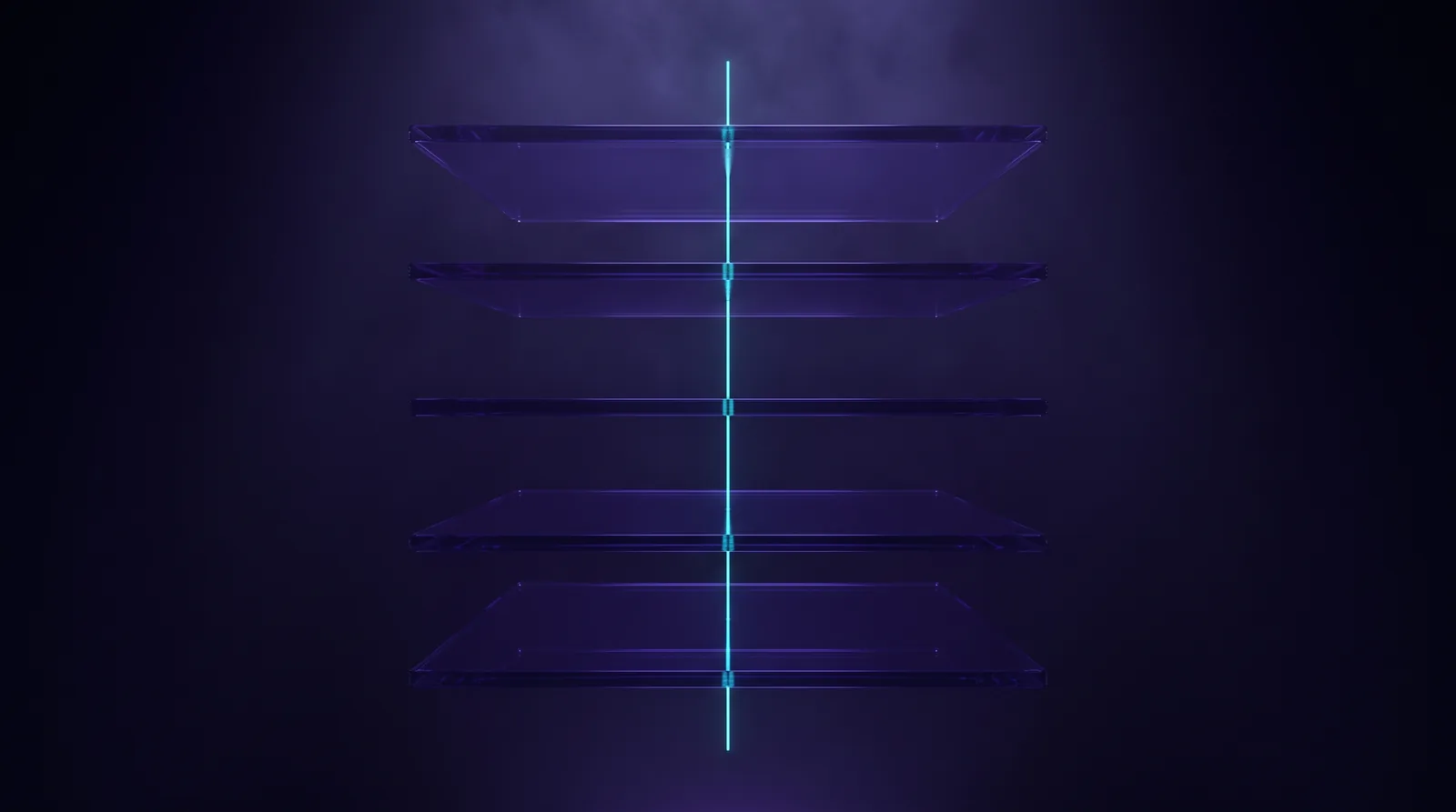 Five translucent plates lie precisely stacked. A single thread runs through all of them from top to bottom.
