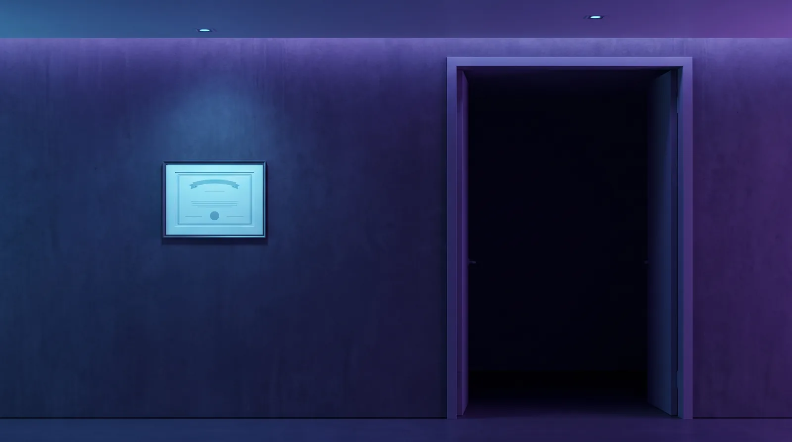 A wall with a framed certificate, precisely level and lit. In the same wall, beside it, a doorway stands open.