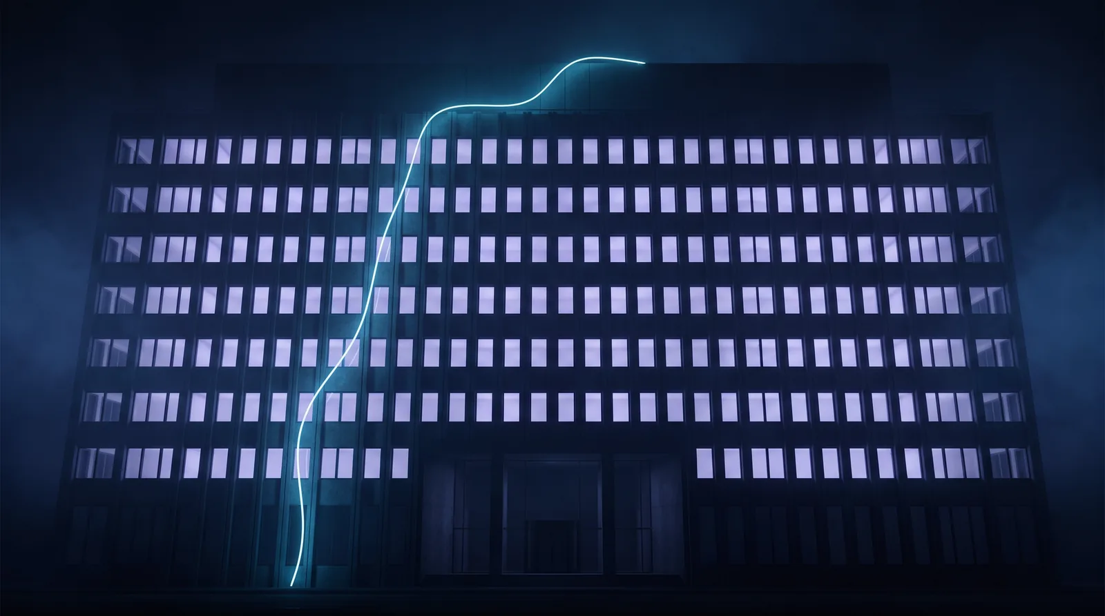 A dark facade with many evenly lit windows. A single bright path climbs its outside and crosses the roof — bypassing the lit main entrance.