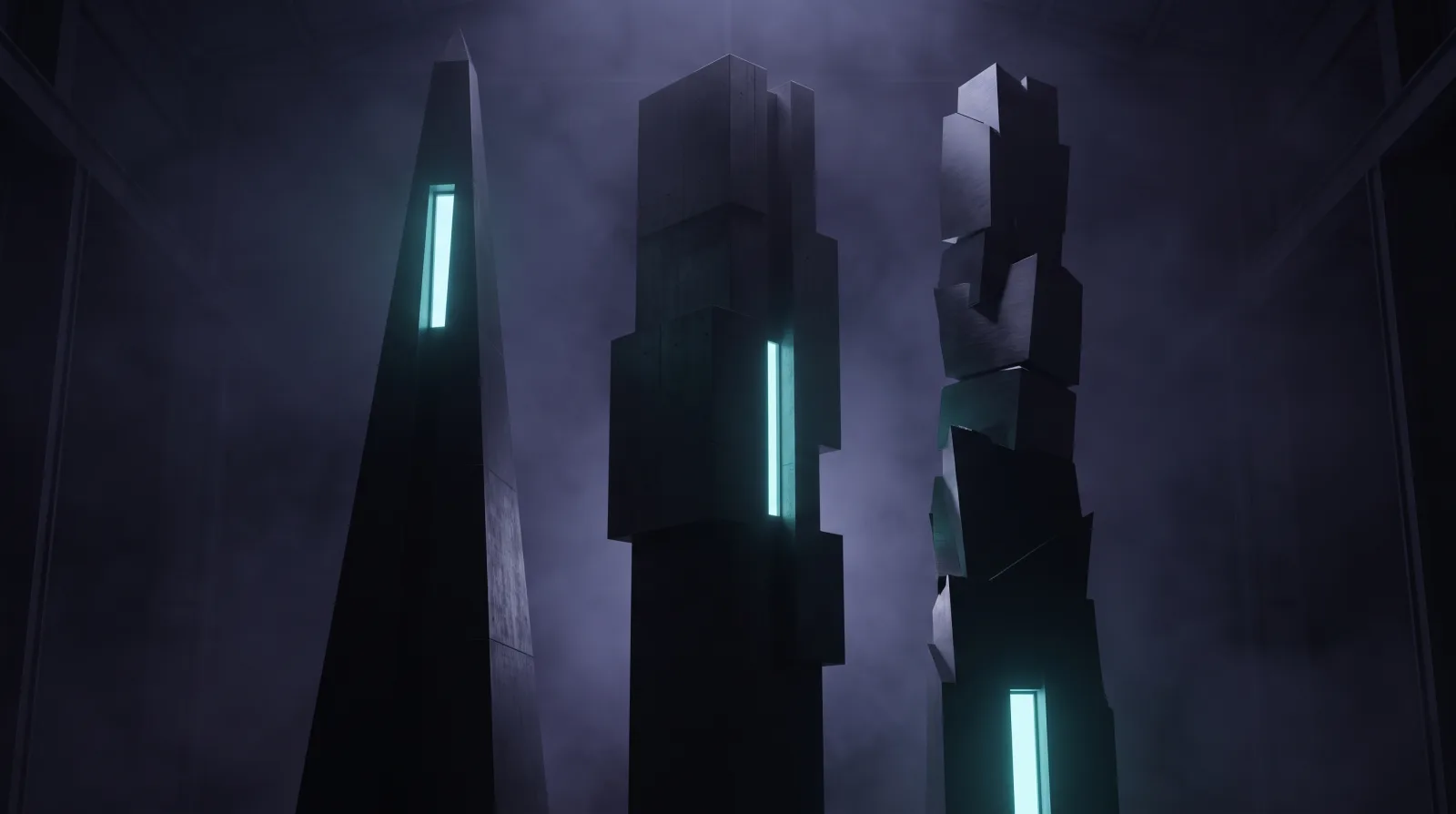 Three tall dark towers of different shapes stand side by side in a wide hall. Each has exactly one narrow opening, and each opening sits at a different height.