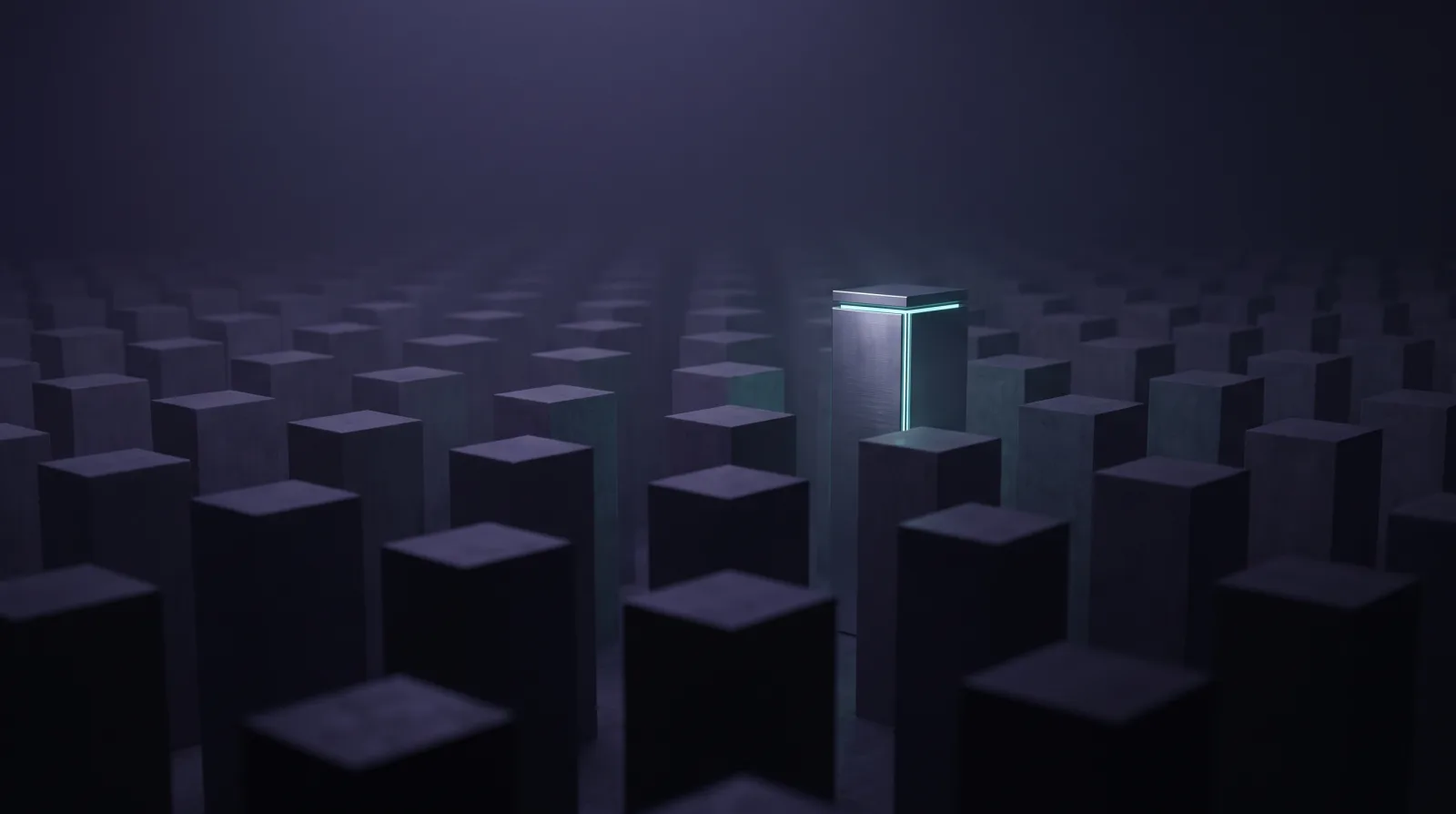 A vast field of hundreds of identical dark blocks. Exactly one of them stands slightly taller and is brightly lit — barely noticeable among the others.