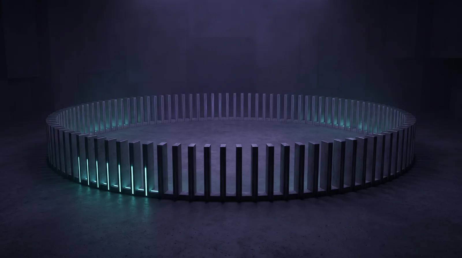 A wide ring of closely spaced pillars on dark ground, unbroken at every point. One short section of the ring is brightly lit; the rest glows faintly.