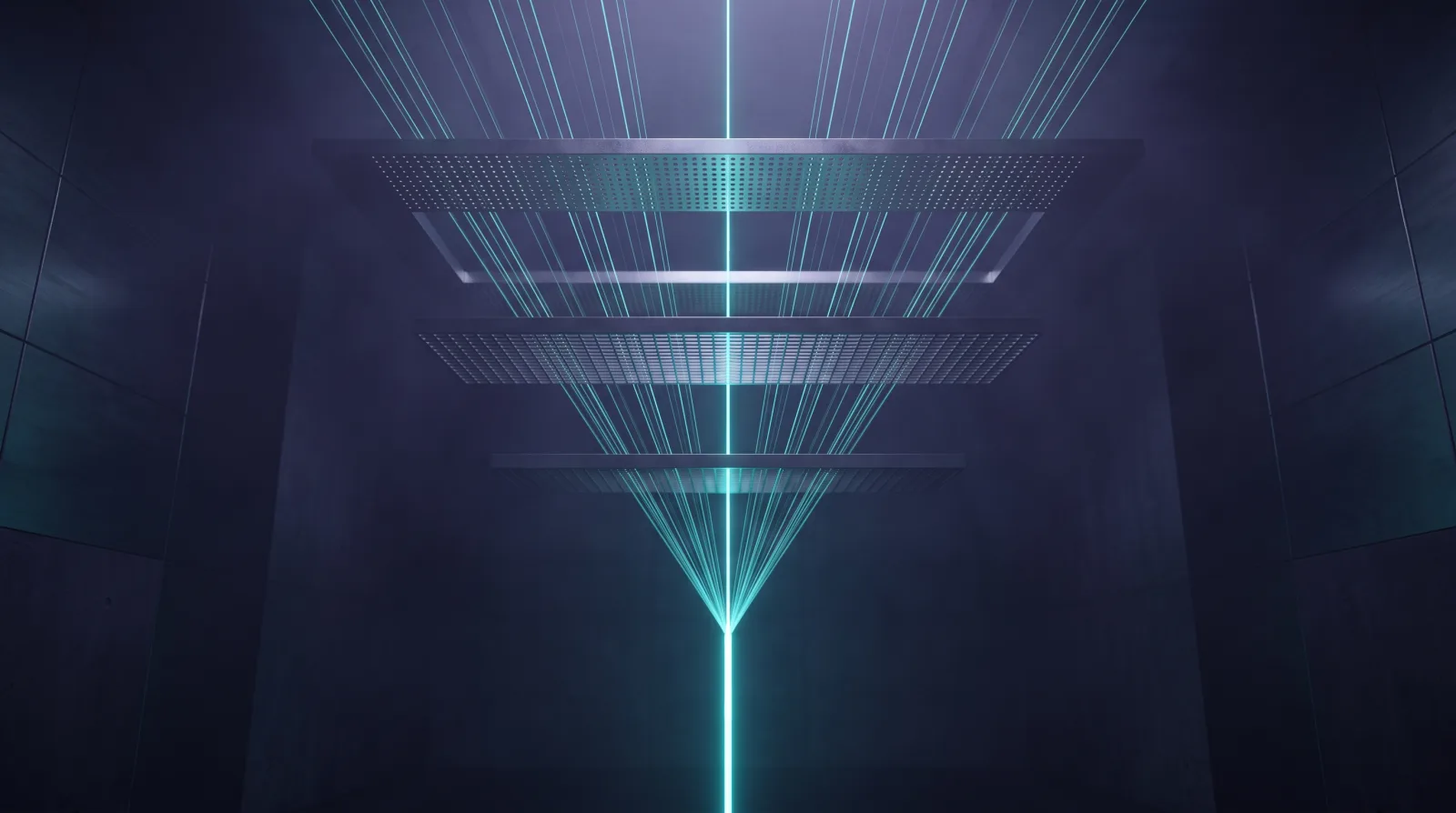 Many fine traces of light converge from above, pass through three horizontal filter planes and leave the frame below as a single bright line.