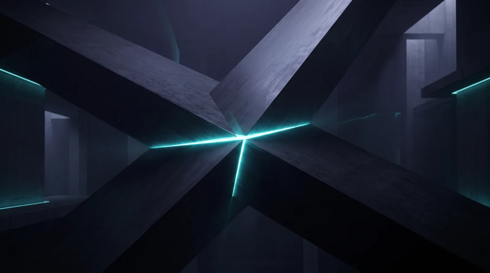 Two heavy dark beams cross in front of a concrete wall. A narrow bright seam lights up exactly along the line where they touch.