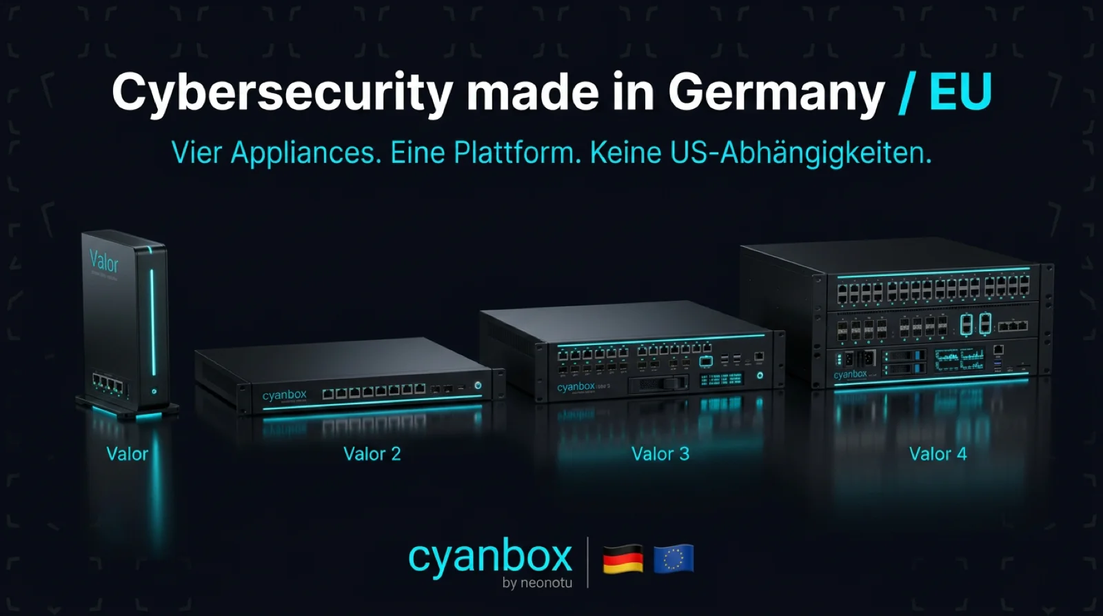 Cybersecurity made in Germany und EU: vier Appliances, eine Plattform, keine US-Abhängigkeiten. Die Modelle Valar S bis XL nebeneinander als cyanbox-Geräte.