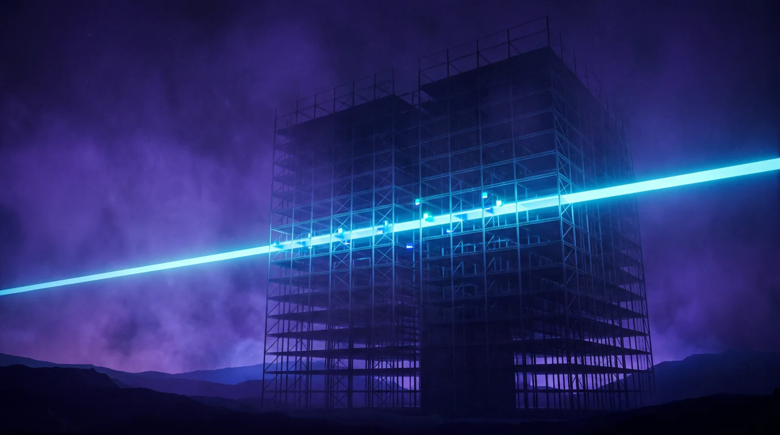 Un edificio oscuro parece transparente y deja ver su estructura interna como una retícula fina. Una línea de luz horizontal lo recorre; allí donde se topa con una debilidad, se enciende un punto.