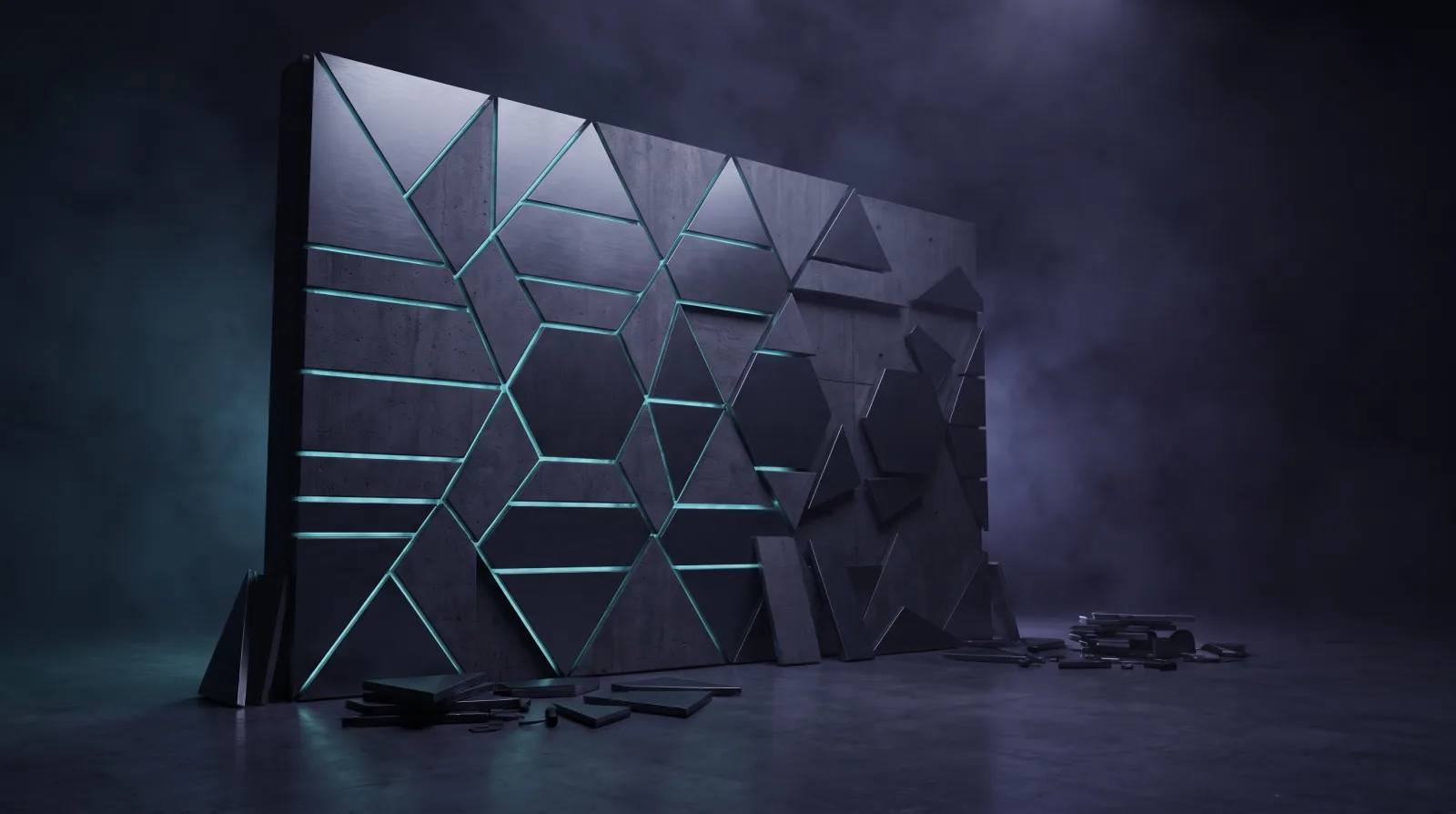 Un muro oscuro sobre el que un patrón geométrico está montado a medias. La mitad terminada brilla en sus juntas; las piezas sueltas reposan al lado.