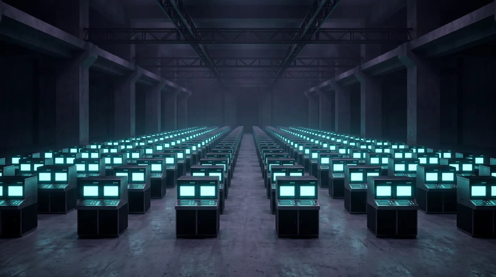 Filas de puestos de trabajo oscuros e idénticos en una sala amplia, todos ellos iluminados desde dentro.